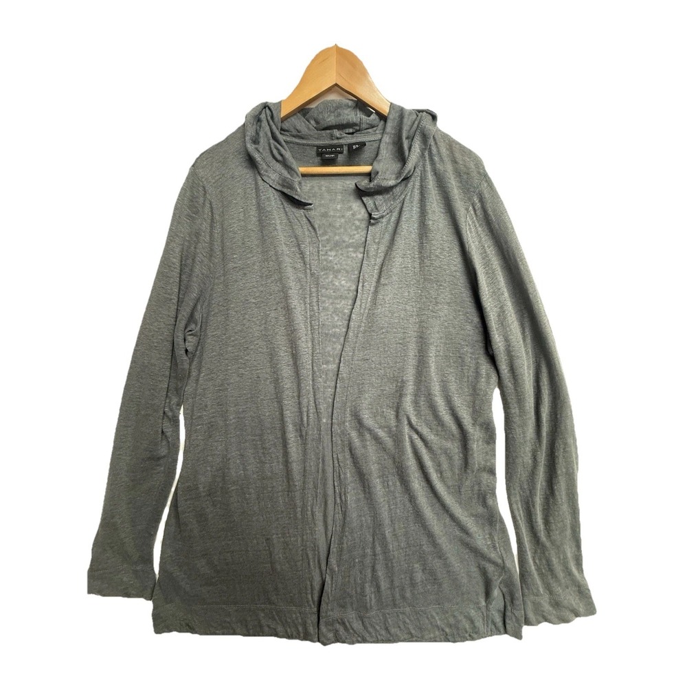 Tahari Open Front Hooded Cardigan Womens XL Gray Linen Lightweight Beachy Travel